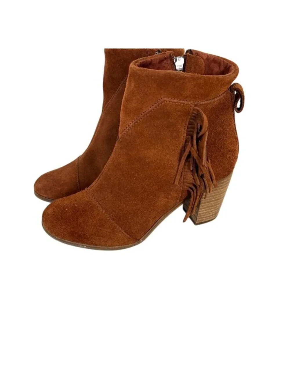 TOMS Women’s Brown Suede Fringe Ankle Boots Block Heel Western Boho Sz 8.5